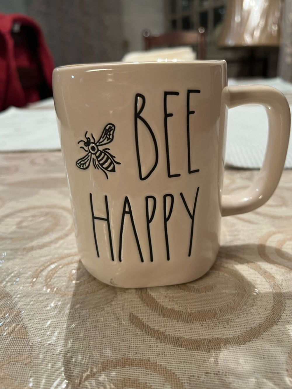Rae Dunn Cream 'BEE HAPPY' Ceramic Mug with Black Lettering